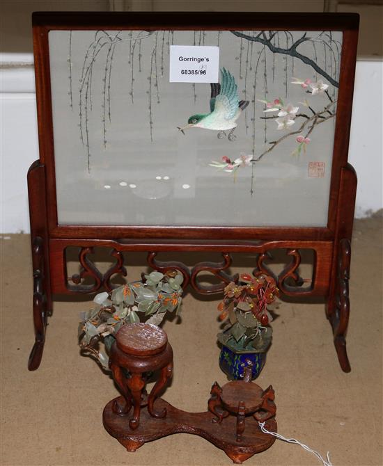 Chinese painted glass table screen and 2 hardstone trees/vases